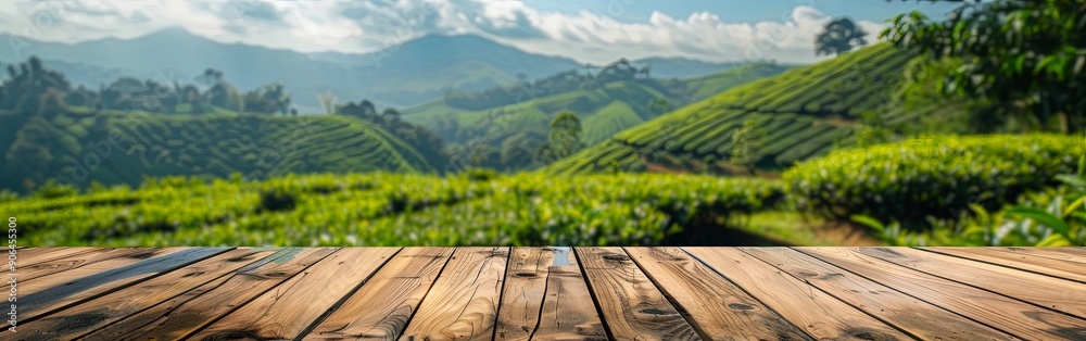 Serene Tea Plantation View from a Rustic Wooden Table Serene Tea Plantation View from a Rustic Wooden Table