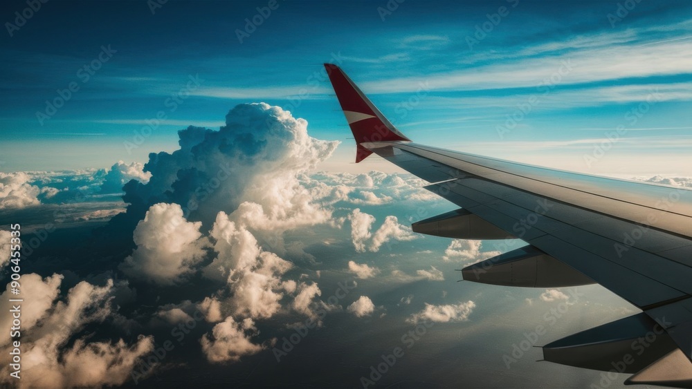 Obraz premium Picture of sky and white clouds, view from inside the plane. Blue sky mixed with warm orange, conveys the idea of ​​travel, relaxation.
