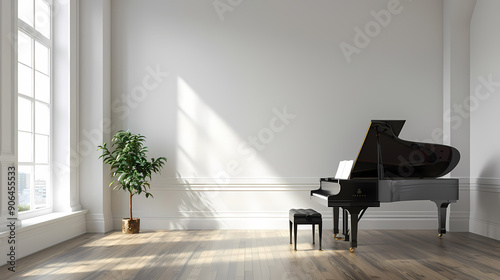 A black grand piano sits in a bright, minimalist room with a large window, a small plant in a pot, and wooden floors. Sunlight streams through the window, creating a warm and inviting atmosphere.