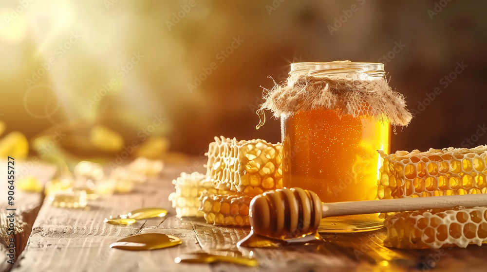 Jar of fresh honey and honey dipper on a wooden table. Healthy, natural and organic food. Blurred background, copy space. Jar of fresh honey and honey dipper on a wooden table. Healthy, natural and organic food. Blurred background, copy space.