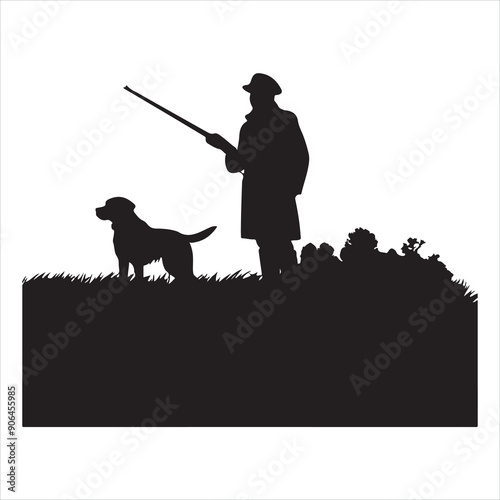 Hunter with dog aiming with rifle on pheasant. Outdoor silhouette white background
