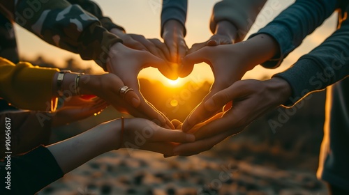 Group of young people making love heart signs at sunset.