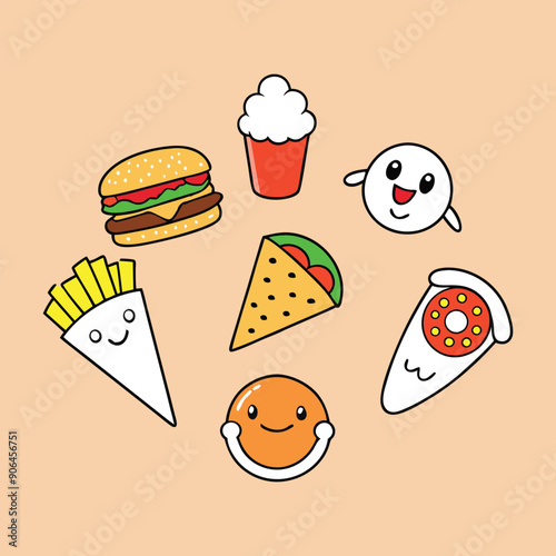 Cartoon Style Fast Food Items Vector Illustration for World Food Day.