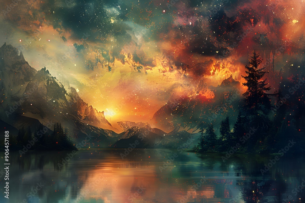 Enchanting Cosmic Landscape at Dusk with Reflections on a Serene Lake Enchanting Cosmic Landscape at Dusk with Reflections on a Serene Lake