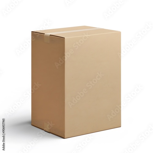 Closed Cardboard Box with Tape on White Background