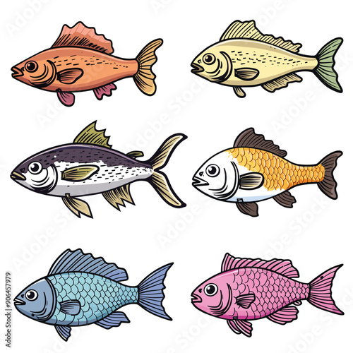 Six colorful fish illustrations isolated white background. Cartoon style tropical fish, varying patterns colors. Set various ornamental fish, aquatic pet theme, vector design