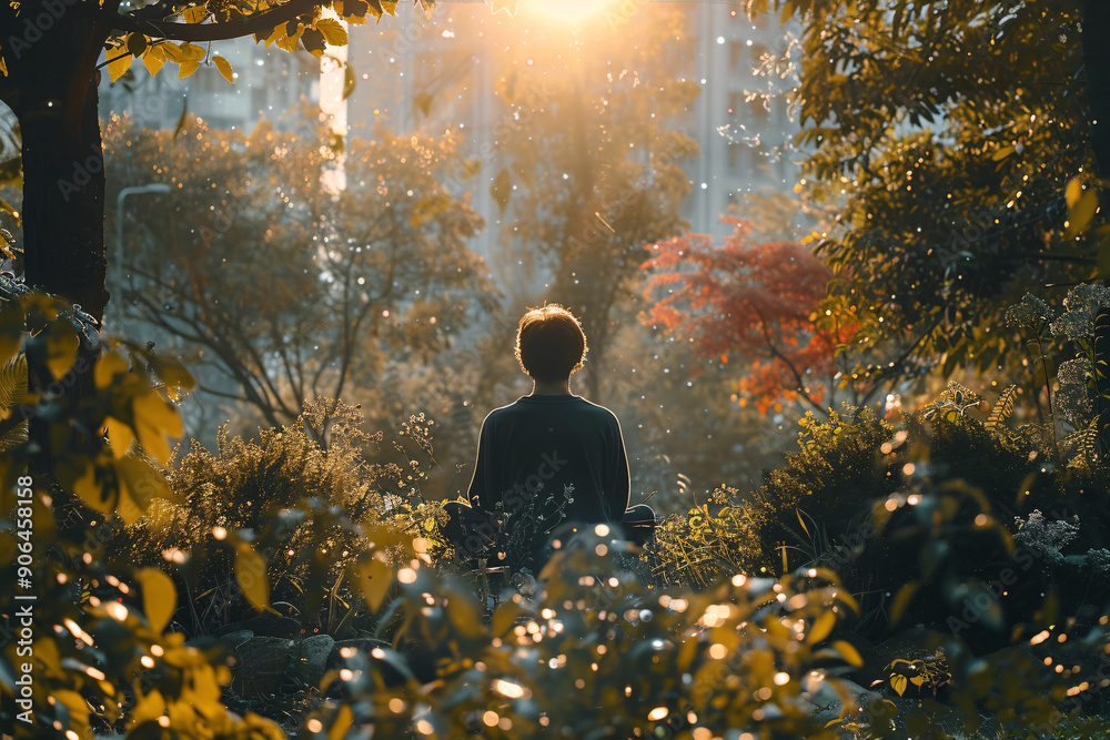 Serene Moment of Mindfulness: Individual Engages in Meditation Amidst a Tranquil Garden, Bathed in Golden Sunset Light, Embracing Nature and Inner Peace for Mental Clarity and Emotional Well-Being Serene Moment of Mindfulness: Individual Engages in Meditation Amidst a Tranquil Garden, Bathed in Golden Sunset Light, Embracing Nature and Inner Peace for Mental Clarity and Emotional Well-Being