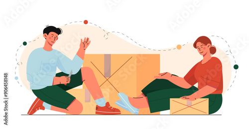 People open boxes. Men and women unpack parcels and cardboard boxes. Friends receive gifts, presents or goods. Online shopping and home delivery. Flat vector illustration