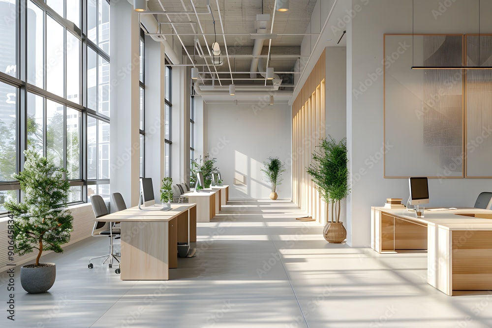 Modern Office Interior with Abundant Natural Light and Greenery Modern Office Interior with Abundant Natural Light and Greenery