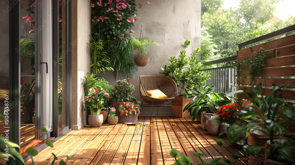 Cozy relaxing area at home with wooden floor, chairs and potted plants Cozy relaxing area at home with wooden floor, chairs and potted plants