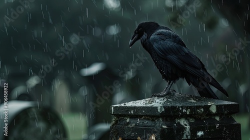 Raven sitting on the grave against the backdrop of a cemetery