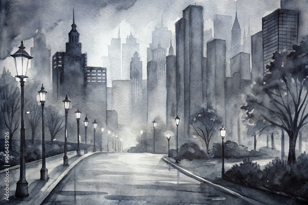 Obraz premium Urban landscape in monochrome, featuring a deserted city street lined with tall skyscrapers, ornate lampposts, and a blurred stream of car lights at dusk.