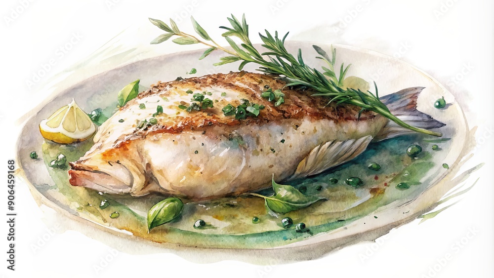 Savory aromas emanate from a succulent, expertly seared fillet of fish, garnished with fresh herbs, being elegantly plated on a crisp white background. Savory aromas emanate from a succulent, expertly seared fillet of fish, garnished with fresh herbs, being elegantly plated on a crisp white background.