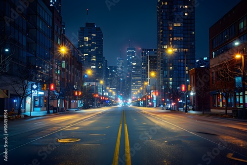 Serene Nightscape of a City Street Illuminated by Urban Lights