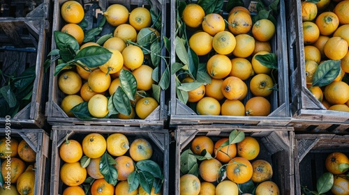 Lemon storage. Set of raw lemons in boxes. Top view. photo