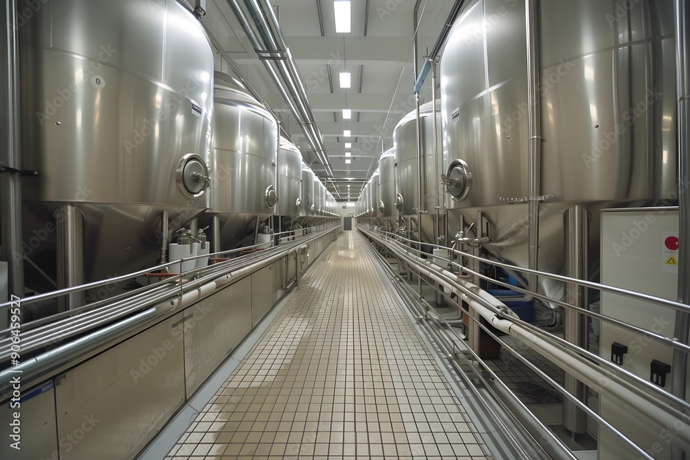 Obraz premium Modern Brewery Interior with Stainless Steel Fermentation Tanks