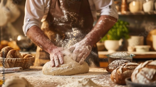 Close up of a man's hands kneading dough on a flour-dusted table, wearing an apron, making fresh bread at home in a kitchen background, front view. Perfect for concepts of home baking, artisanal bread