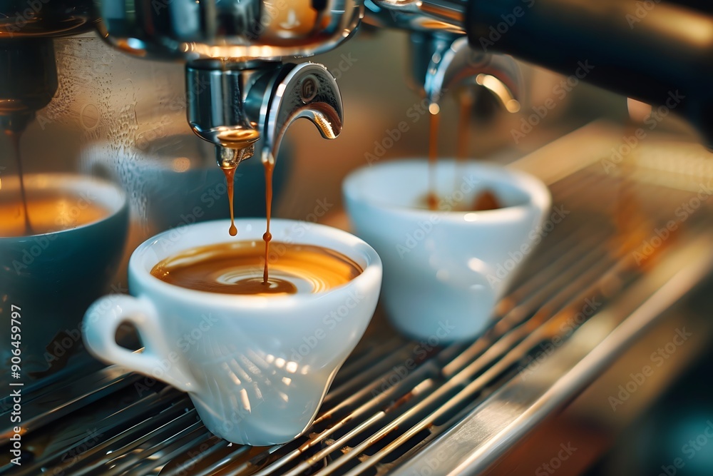 Freshly Brewed Espresso Pouring into Elegant Cups Freshly Brewed Espresso Pouring into Elegant Cups