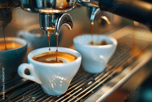 Freshly Brewed Espresso Pouring into Elegant Cups