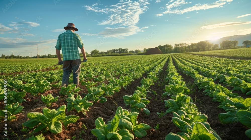© visoot - A farmer harvesting organic vegetables in a lush, green field with rows of crops under a bright blue sky. Natural daylight. Farm background. Generative AI. © visoot - A farmer harvesting organic vegetables in a lush, green field with rows of crops under a bright blue sky. Natural daylight. Farm background. Generative AI.