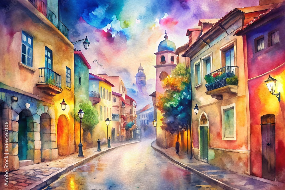 Naklejka premium Vibrant cityscape captures the essence of adventure, with colorful street art, eclectic buildings, and inviting alleys, beckoning young travelers to explore and discover.