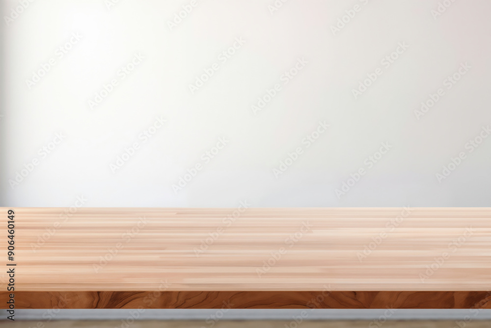 Empty wooden desk top on blurred white wall background, product display Empty wooden desk top on blurred white wall background, product display