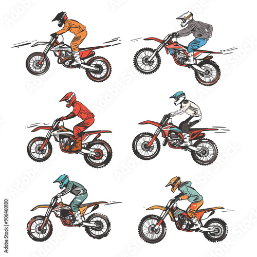 Motocross riders illustrated various dynamic poses riding dirt bikes, offroad motorcycle sport, rider wears protective gear, helmet, outfit motocross racing. Extreme sports action, motorcyclists