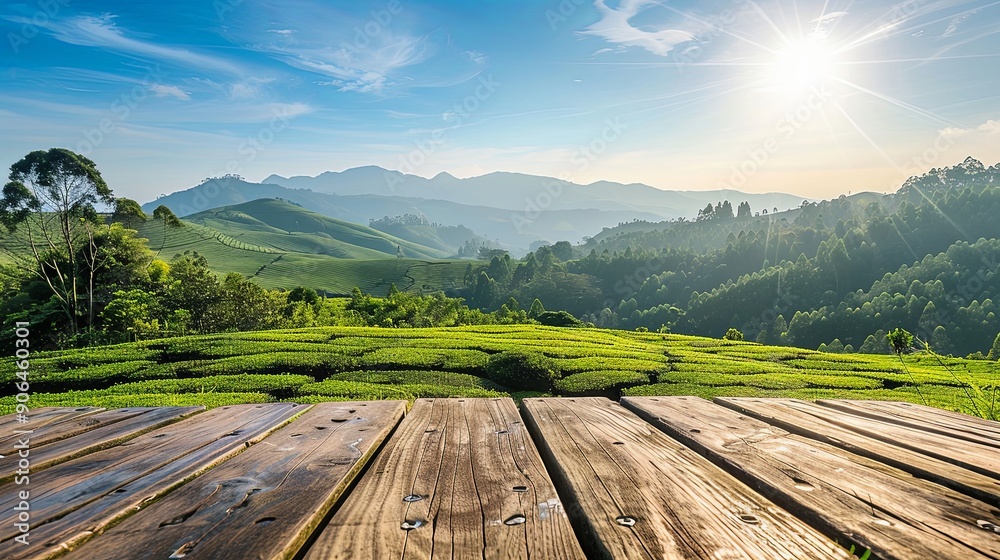 Fototapeta premium Serene Tea Plantation View from a Rustic Wooden Table