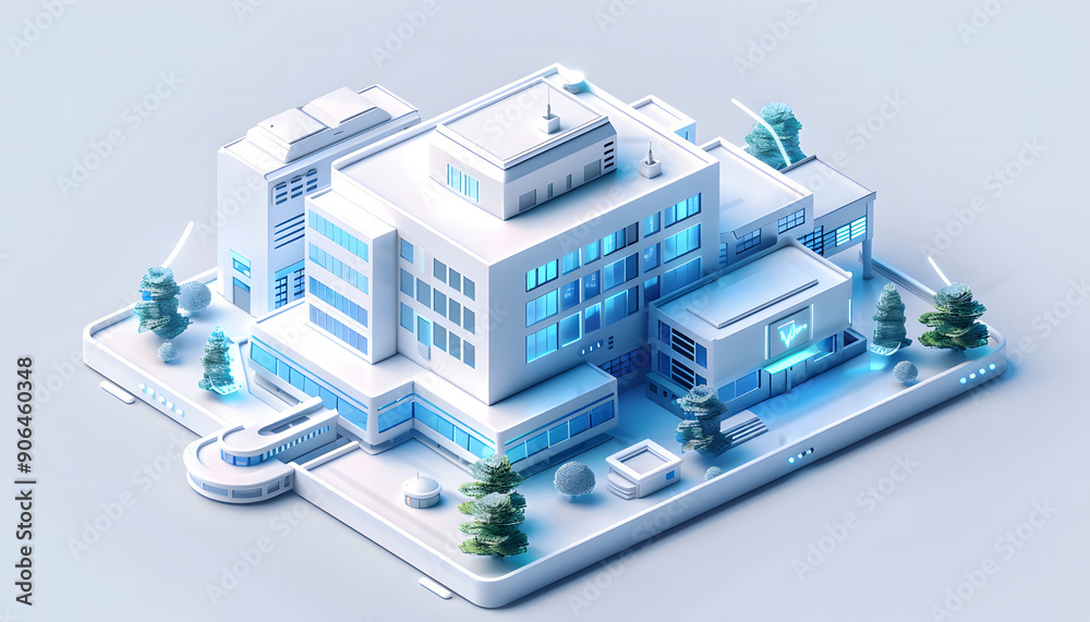 an isometric 3D Smart Hospital building, portraying a technologically advanced healthcare facility design an isometric 3D Smart Hospital building, portraying a technologically advanced healthcare facility design