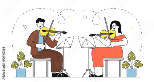 People play violin. Man and woman with musical instruments sitting on stage. Orchestral musicians perform, classical music concert. Linear vector illustration