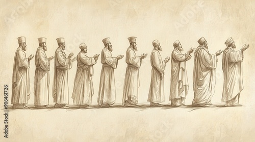 Biblical Illustration of Numbers: Priests Preparing for the Blessing Ceremony, Captured on a Beige Background, Emphasizing the Ritual Preparations and Religious Leadership in Spiritual Practices