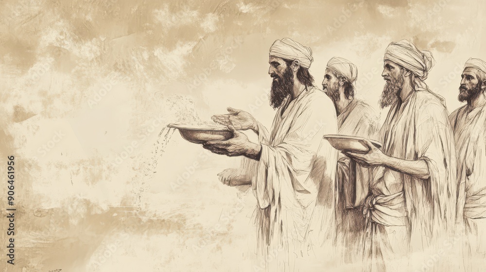 Biblical Illustration of Numbers: Priests Sprinkling Purifying Water on Unclean Persons, Captured on a Beige Background, Emphasizing the Rituals of Purification and Religious Cleansing Biblical Illustration of Numbers: Priests Sprinkling Purifying Water on Unclean Persons, Captured on a Beige Background, Emphasizing the Rituals of Purification and Religious Cleansing