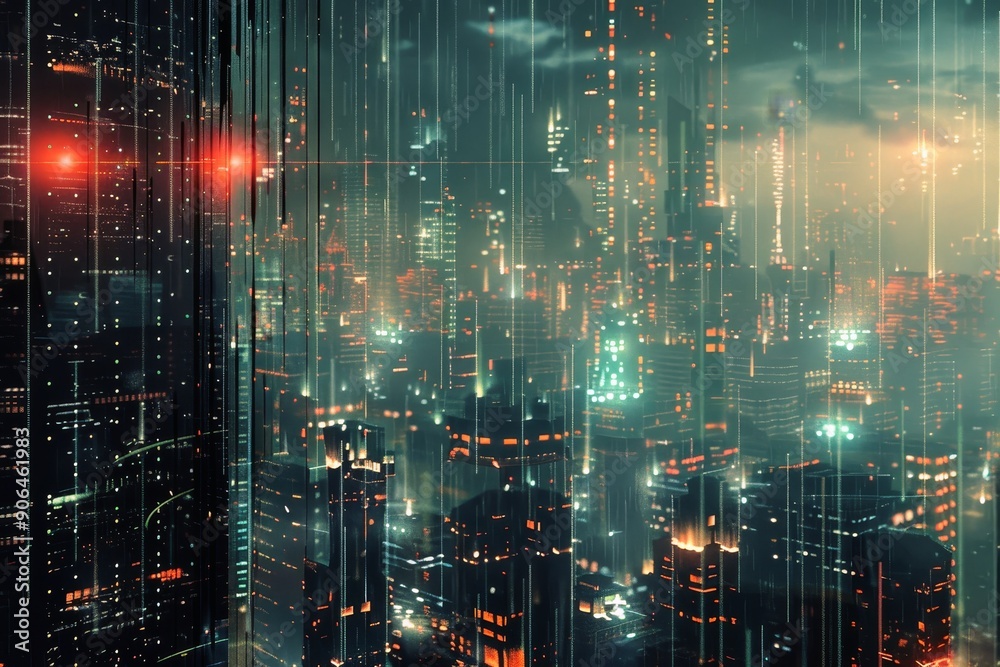 Fototapeta premium A bustling cityscape revealing a digital world beneath the surface.