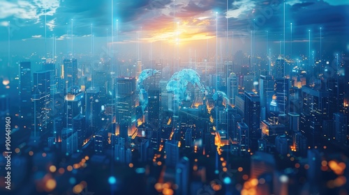 Smart city, Centered around Earth architecture, showcasing elements such as smart transportation systems, smart buildings, digital governance, and intelligent environmental monitoring. Generative AI.