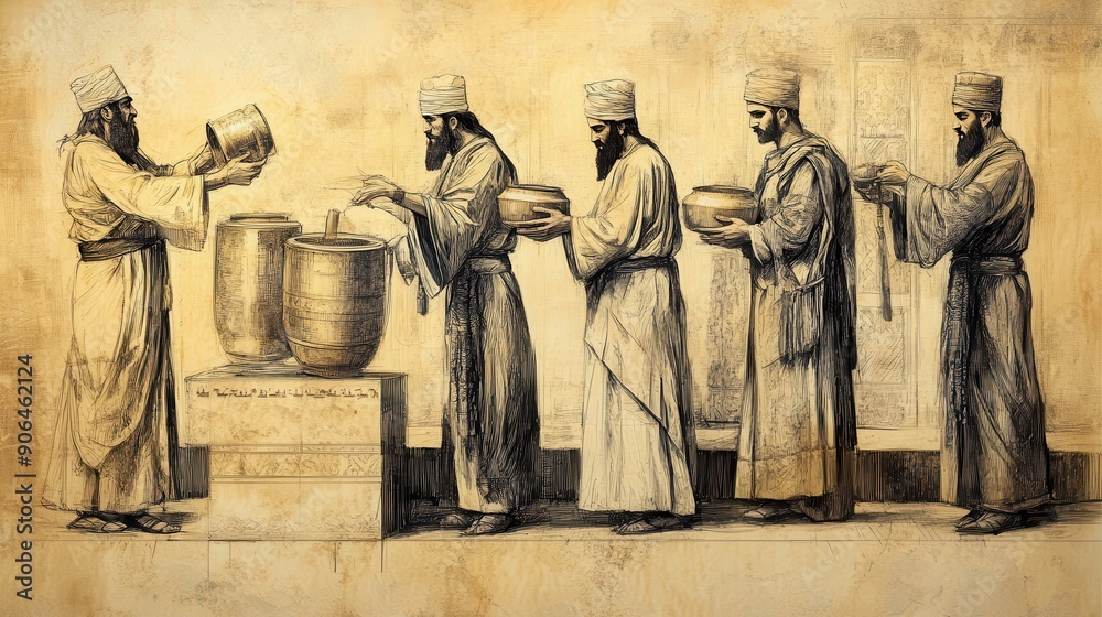 Fototapeta premium Biblical Illustration of Numbers: Priests Receiving Gold and Silver Vessels as Offerings, Captured on a Beige Background, Emphasizing the Significance of Religious Gifts and Devotion