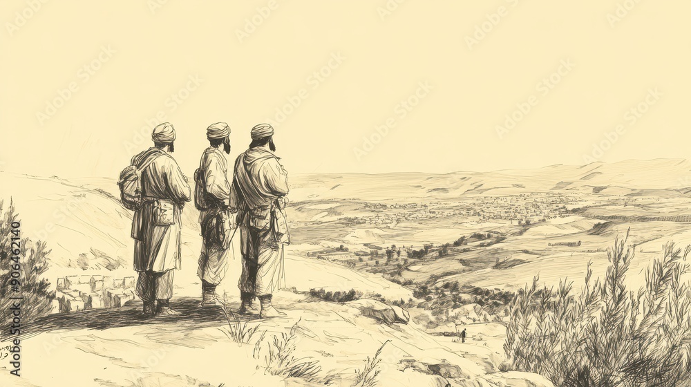 Biblical Illustration of Numbers: Spies Looking Over the Fertile Valleys of Canaan, Captured on a Beige Background, Emphasizing Exploration and Promise Biblical Illustration of Numbers: Spies Looking Over the Fertile Valleys of Canaan, Captured on a Beige Background, Emphasizing Exploration and Promise