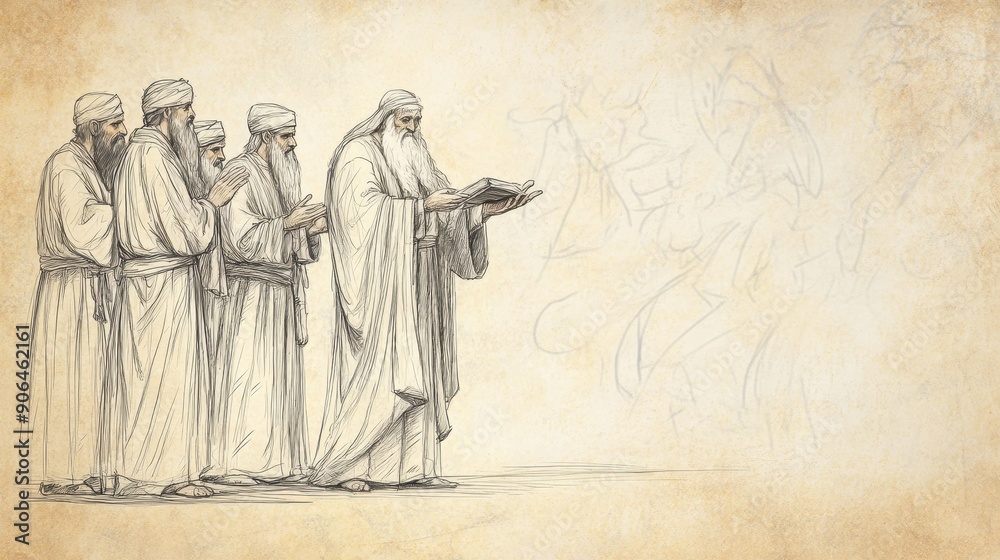 Fototapeta premium Biblical Illustration of Numbers: Priests Blessing a Nazirite at the Start of the Vow, Captured on a Beige Background, Highlighting the Sacred Rituals and Blessings in Religious Commitments