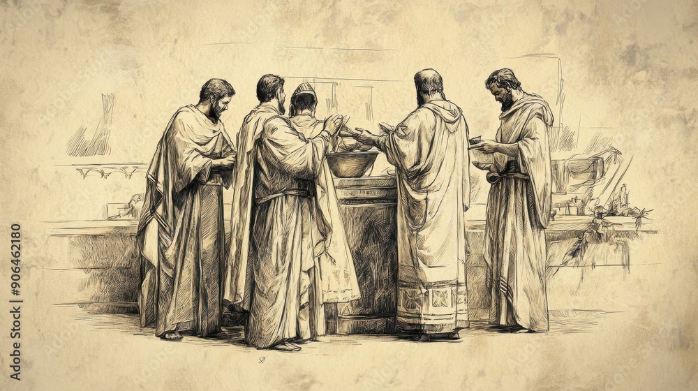 Naklejka premium Priests Consecrating New Garments for the Offering Ceremony, Biblical Illustration from Numbers, Daily Offerings, Beige Background, Ideal for Religious Education and Worship Materials