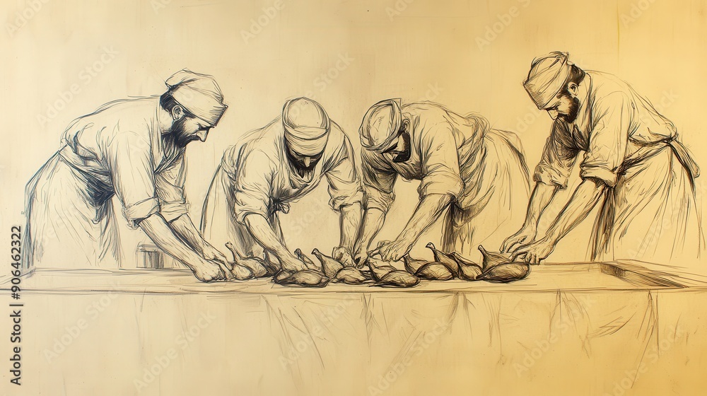 Obraz premium Biblical Illustration of Numbers: Cooks Preparing Quail for a Communal Feast, Captured on a Beige Background, Emphasizing Community and Divine Provision