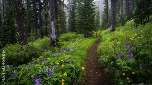 A path through a forest with wildflowers and trees