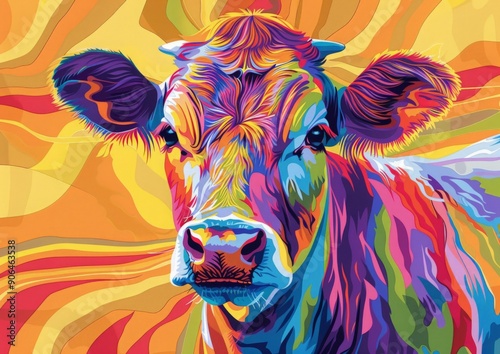 Vibrant, polygonal illustration of a cows head against a colorful abstract background photo