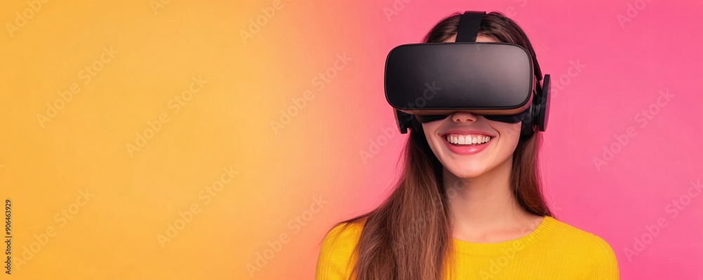 Woman wearing VR headset on pink and yellow gradient background. Studio portrait. Futuristic technology and entertainment concept. Design for poster, wallpaper, banner, greeting card. Woman wearing VR headset on pink and yellow gradient background. Studio portrait. Futuristic technology and entertainment concept. Design for poster, wallpaper, banner, greeting card.
