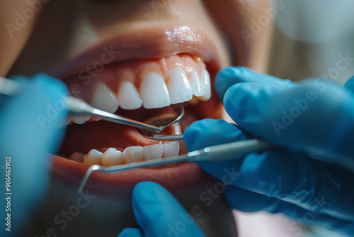 The dentist uses an intraoral camera to examine the patient's teeth photo