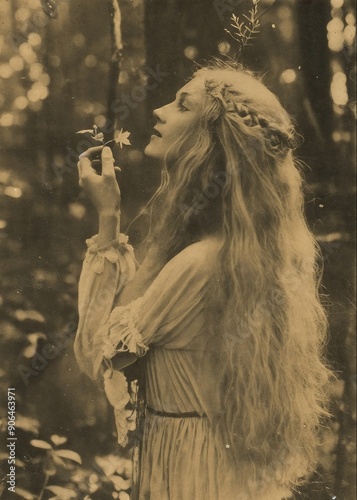 Vintage photograph, showing an elf woman with long blonde hair standing in nature and reaching up to touch her hands together