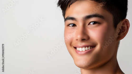 18 years old Asian male, copy space, smiling