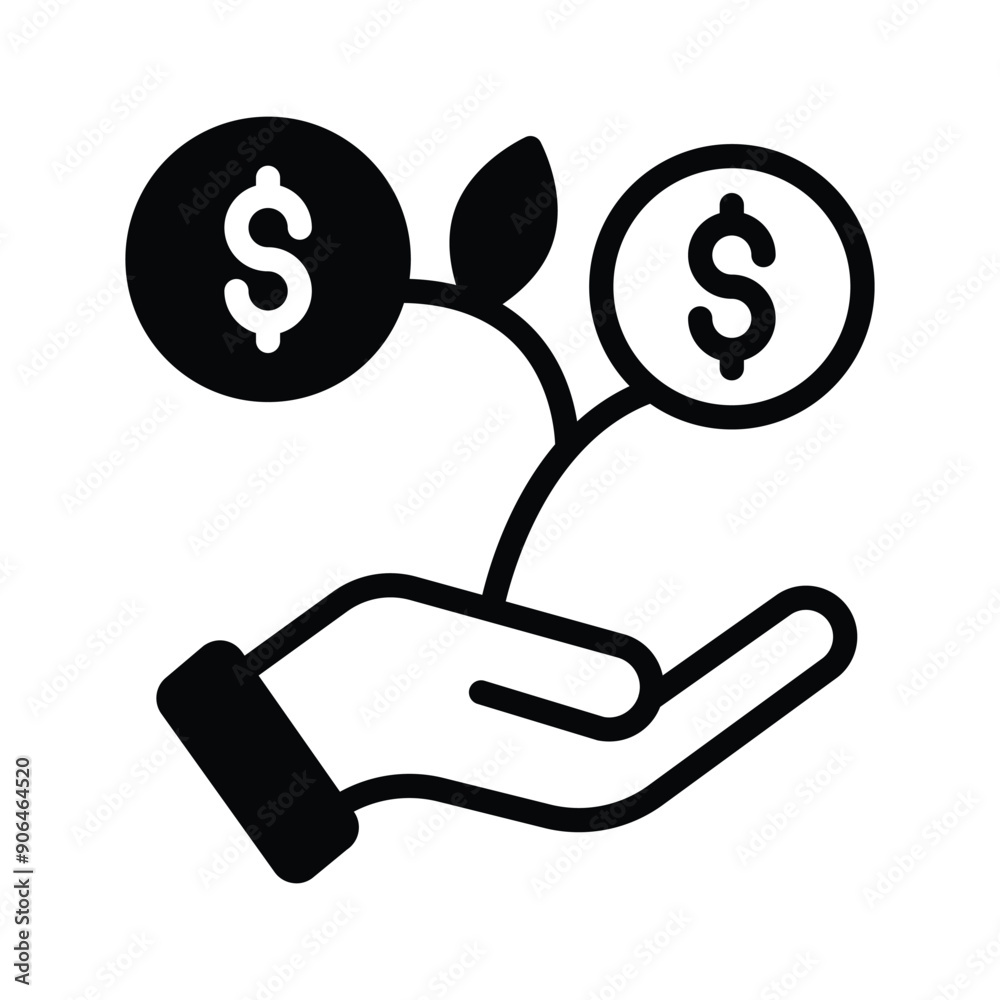 A hand gesture holding a money plant represents a grow money icon A hand gesture holding a money plant represents a grow money icon