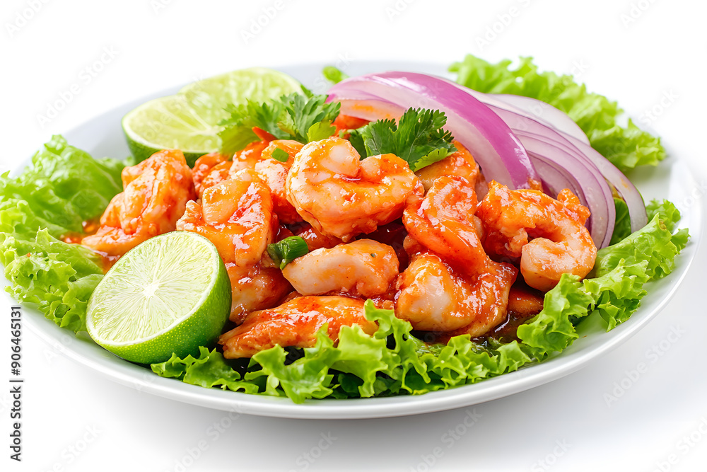 Thai Tom Yum Chicken served with onion, lime and lettuce isolated on white background Thai Tom Yum Chicken served with onion, lime and lettuce isolated on white background