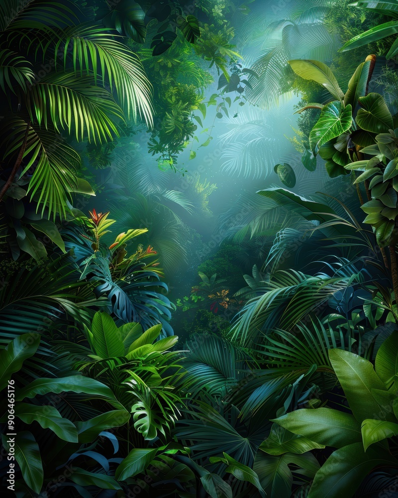 A lush green jungle with many trees and plants. The jungle is full of life and is a beautiful and peaceful place A lush green jungle with many trees and plants. The jungle is full of life and is a beautiful and peaceful place