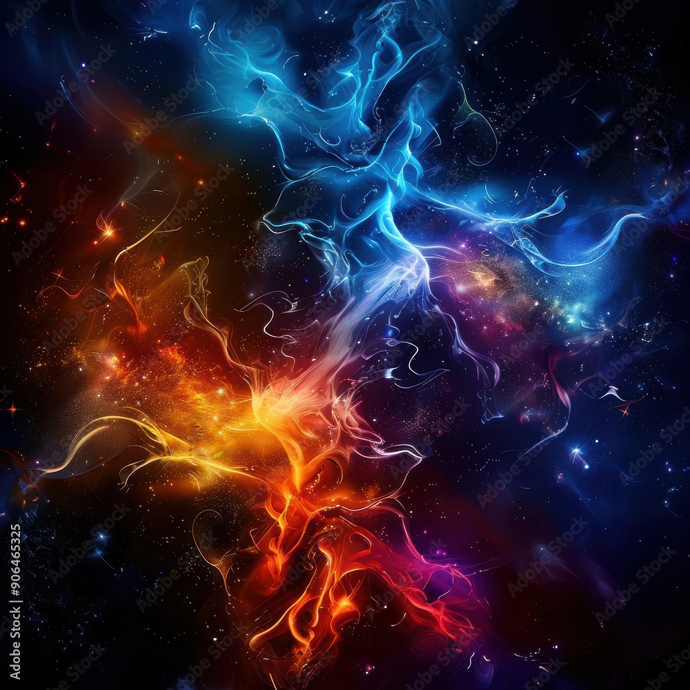 Fototapeta premium A colorful galaxy with two bright orange and blue streams of light. The colors are vibrant and the image has a sense of movement and energy