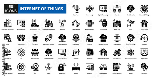 Internet Of Things glyph icon collection set. includes signal, big data, internet, network, technology, smart home, traffic
